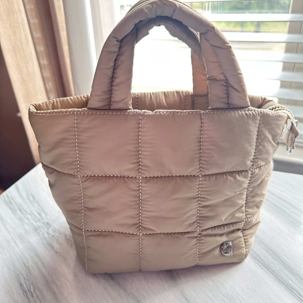 Quilted Tote Bag Small Puffer Crossbody Adjustable in Khaki